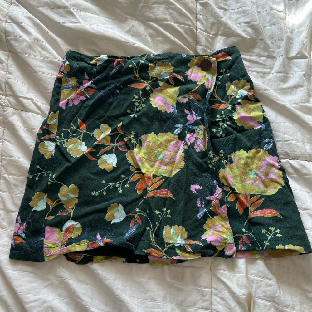 Urban Outfitters Dark Green Floral Wrap Mini Skirt with Yellow & Pink Flowers